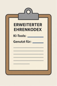 Grafik eines Klemmbretts mit einem Formular, überschrieben mit „Erweiterter Ehrenkodex“. Darunter stehen die auszufüllenden Felder „KI-Tools:“ und „Genutzt für:“, gefolgt von leeren Linien für weitere Eintragungen. Das Bild visualisiert den verantwortungsvollen Umgang mit Künstlicher Intelligenz in akademischen Arbeiten, indem es zur transparenten Dokumentation der verwendeten KI-Tools und ihres Zwecks aufruft.