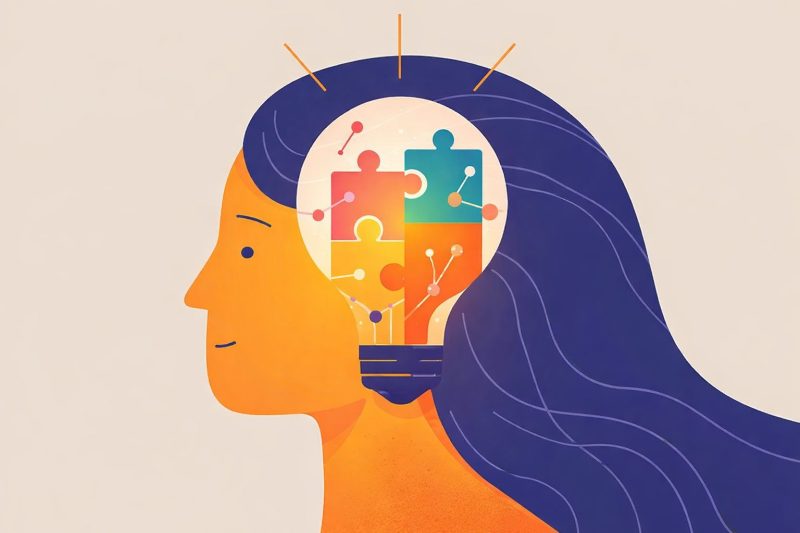 Illustration eines menschlichen Kopfes im Profil. Im Inneren sind farbige, miteinander verbundene Puzzleteile dargestellt, die Denkprozesse, Reflexion und kritisches Urteilen symbolisieren.