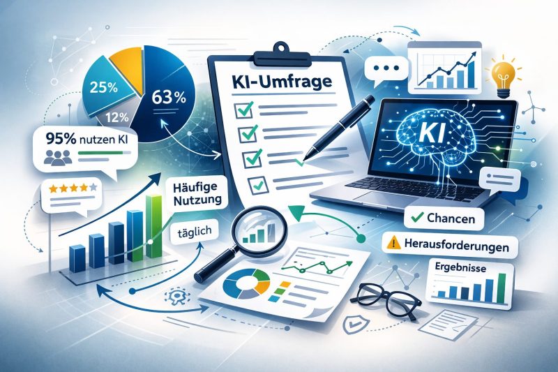 Infografik zur „KI-Umfrage“ im Studium: Im Zentrum steht ein Klemmbrett mit einer Checkliste, daneben ein Laptop mit leuchtendem KI-Symbol in Form eines vernetzten Gehirns. Umgeben ist die Darstellung von Diagrammen, Kreis- und Balkengrafiken, Sprechblasen sowie Symbolen für Chancen, Herausforderungen und Ergebnisse. Die Gestaltung in Blau- und Grüntönen vermittelt eine sachliche, datenbasierte Analyse zur Nutzung von KI durch Studierende.