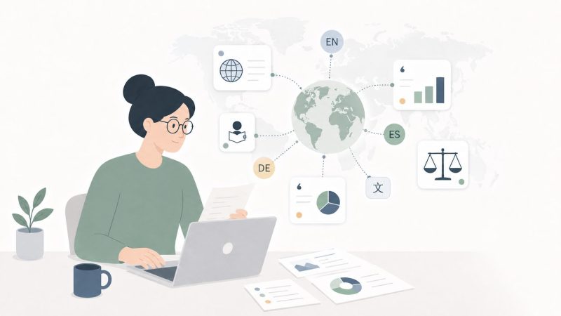 Frau mit Brille sitzt vor Laptop. Symboliken im Hintergrund verdeutlichen den Bezug zur Internationalisierung. Die Weltkugel, Grafiken.
