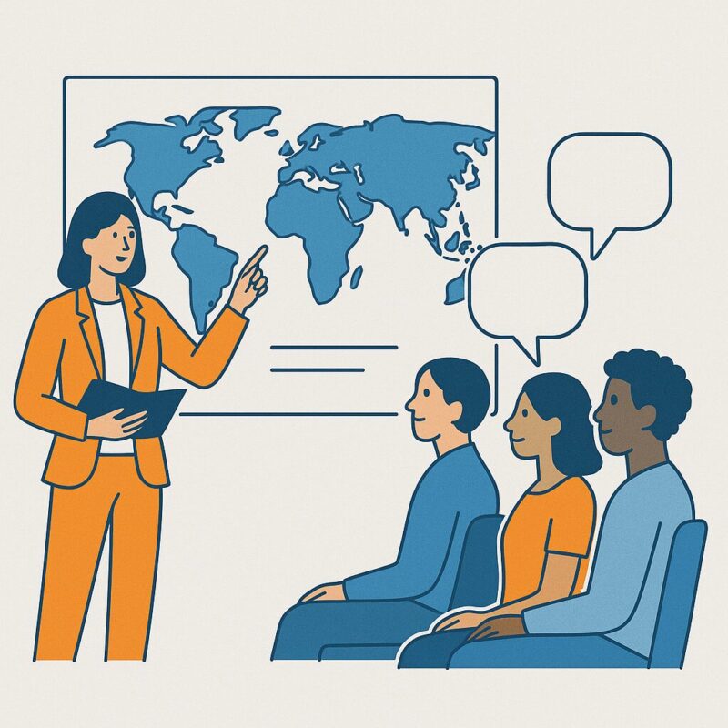 Eine Lehrerin steht vor einer Weltkarte und zeigt auf ein Land, während sie mit drei sitzenden Personen spricht, die ihr aufmerksam zuhören. Zwei Sprechblasen deuten auf eine Diskussion oder Unterrichtssituation hin. Möchtest du, dass ich den Alternativtext kürzer (z. B. für eine Website) oder detaillierter (z. B. für Barrierefreiheit) formuliere?