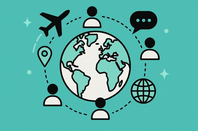 Ein illustrierter Globus mit illustrierten Menschen, Flugzeug, Globalisierungssymbolik, Chatsymbolik in der Umlaufbahn.