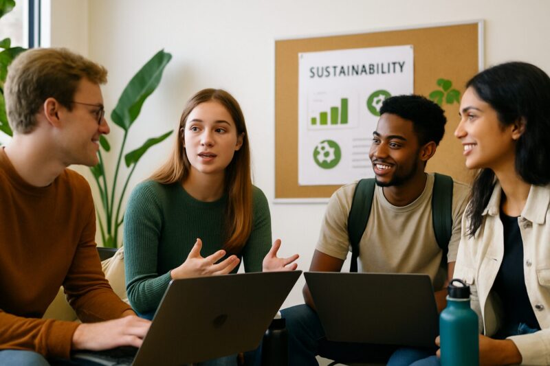 Vier junge Erwachsene – zwei Männer und zwei Frauen – sitzen in einem hellen Raum mit Laptops und Wasserflasche und diskutieren angeregt. Im Hintergrund hängt ein Plakat mit dem Titel „Sustainability“ und grünen Symbolen für Umwelt und Wachstum. Die Stimmung wirkt kooperativ und engagiert. Möchtest du auch eine englische Version oder eine barrierefreie Kurzfassung?