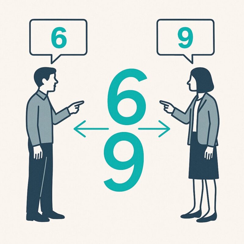 Ein Mann und eine Frau stehen sich gegenüber und zeigen auf dieselbe Zahl auf dem Boden. Aus seiner Perspektive sieht die Zahl wie eine „6“ aus, aus ihrer Perspektive wie eine „9“. Beide haben entsprechende Sprechblasen über sich. Das Bild verdeutlicht, wie unterschiedliche Blickwinkel zu verschiedenen Wahrnehmungen führen können.